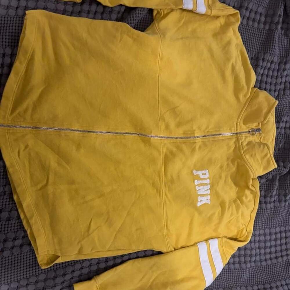 Victoria's Secret PINK Full Zip Sweatshirt Size L Yellow White Stripes